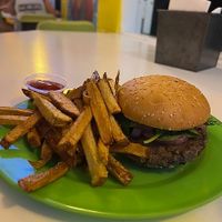 Vegan burger and hand cut fries at Coconut Grove Cafe in Basseterre