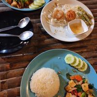 Pad cha (front), tempura (middle), cashew and tofu (back) at The Hut Cafe in Koh Samui