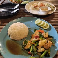 Pad cha (front), tempura (middle), cashew and tofu (back) at The Hut Cafe in Koh Samui
