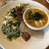Soup and salad with the tempeh croutons   at Sweet Grass Grill in Tarrytown