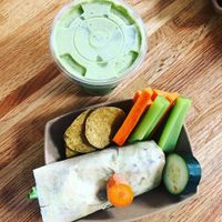 Mediterranean wrap w/ no feta! The pistachi NO shake.   at Roots Organic Juice Cafe in Valparaiso
