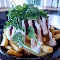 Fries and Falafel and red beet hummus at Farmers Fries in Busum