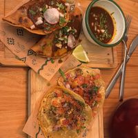 seitan birria w/ consomé & tofish tacos   at Gallo Santo in Barcelona