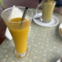 Mango juice (nice) and a green smoothie (wasn’t very nice)   at Bunty's Kitchen  in Pushkar