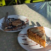 Vegan carrot cake & vegan choc biscuit cake (they assured us it was all vegan with soy milk) at Bunty's Kitchen  in Pushkar