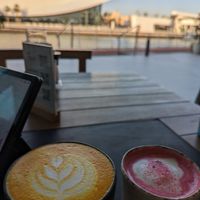 Turmeric latte and pink beetroot latte with coconut milk. #Veganuary at Taste - The Bridge in Abu Dhabi