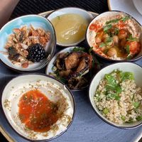 Side dishes like hummus, tabouleh, yoghurt, salad, labneh and jam. Everything was very good  at Life Deli in Frankfurt