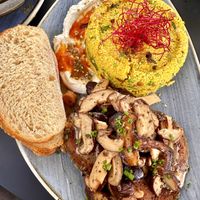 Launch special of steak with grilled mushrooms and couscous salad.  at Life Deli in Frankfurt