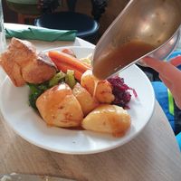 Plate of roast veg and vegan gravy for my son at The Camden Enterprise in North West London