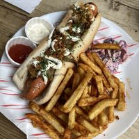 Vegan not dog with vegan mayo and chips  at The Camden Enterprise in North West London
