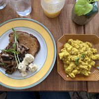 Mixed mushrooms on toast with feta and a side of the tofu scramble   at Shizen  in Nozawaonsen