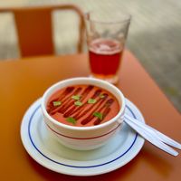 Strawberry gazpacho + strawberry hibiscus kombucha.  at Outra Espécie  in Porto