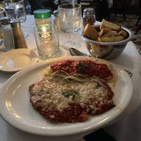 Vegan seitan parmagiana + garlic bread at John's of 12th Street in New York City