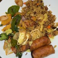 Pineapple fried rice, green curry, spring rolls and chicken cashew   at Penne in Koh Samui