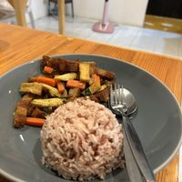 Main, rice with vegetables and fake meat (they could make a sauce with this)  at Penne in Koh Samui