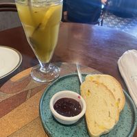 ginger matcha beverage and complimentary appetizer !  at A Padoca in Porto