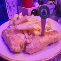 Battered Vegan Sausage and Chips at Blue Lagoon in Glasgow