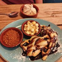 Banoffee waffles specially adapted for my preferences (biscuits and chocolate sauce) at Loaded in Southwold