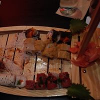 Everything pictured is vegan except the two pieces covered in brown sauce. Left roll is the Eden roll, bottom left is the cowgirl, and we can't remember the names of the other ones at Blue Sushi Sake Grill in Birmingham