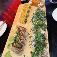 Shiitake to me (left), spicy kaluna crunch, bottom Thai hippie 2x, and far right is cowboy caviar. CC tasted like a McDonald's burger. at Blue Sushi Sake Grill in Birmingham