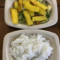 Crispy chickpea tofu stir fry green curry  #Veganuary at Pakbai - Food Stall in Chiang Mai