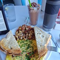 Vegan artichoke bacon frittata and vegan mocha milkshake. Delicious! at Smile of the Beyond in Jamaica