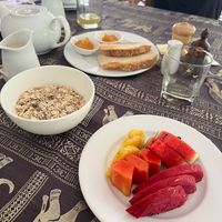 Muesli with soy milk and fresh fruits (soooo nice) at Bambu Hotel Restaurant in Battambang