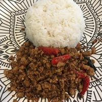 this was a vegan meat with rice, great at May Veggie Home Express - ประสานมิตรพลาซ่า in Bangkok