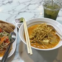 One of best Khao soi so far, Somtam (papaya salad) & viegin mojito. Authentic taste.   at May Veggie Home Express - ประสานมิตรพลาซ่า in Bangkok