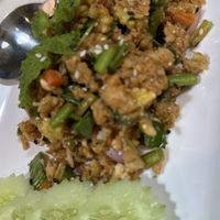 Larb - mince “meat” with rice chips salad  at May Veggie Home Express - ประสานมิตรพลาซ่า in Bangkok
