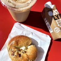 Non dairy milk options for coffee and oatly chocolate milk are available   at Starship Bagel in Dallas