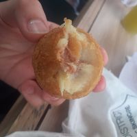 Inside the coxinha at Pastel Kyoto in Sao Paulo