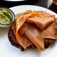 Pancakes w/salmon and avocado (weekend brunch) at Abricot Bar in Paris