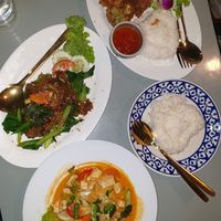 Pad Thai, tempura veg and rice, panang with rice at Samsen Center in Bangkok