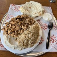vegan chicken plate with rice and hummus  at Furnsaj in San Diego