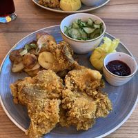 Oyster mushroom Schnitzel with fried potatoes  at Schnitzelei Wilmersdorf in Berlin