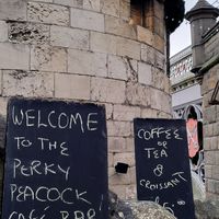 The signs (Lendal Bridge in the background) (January 2023) at The Perky Peacock in York