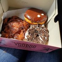 Apple fritter, portland cream (boston cream), & dirt (oreo) at Voodoo Doughnut in Portland