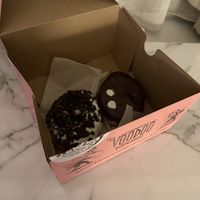 Vegan Dirt Doughnut (left) & Vegan Portland Cream Doughnut (right)  at Voodoo Doughnut in Portland