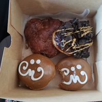 Vegan maple creams, a vegan apple fritter, and a vegan dirty old bastard. SO GOOD. at Voodoo Doughnut in Portland