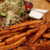 veggie burger and yam fries at At Sara's Table Chester Creek Cafe in Duluth