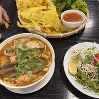 Bun xeo (crispy rice pancake) and spicy soup  at Ấn Quang Vegie Hut Vietnamese Buddhist Vegetarian Restaurant in Cairnlea