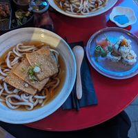 Udon soup and vegan prawn tempura sushi at Necco Japanese Cafe Bar in London