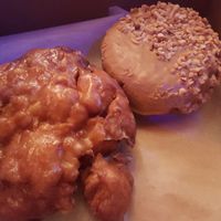 Vegan fritter & PB & J Donuts. at Voodoo Doughnut Too in Portland