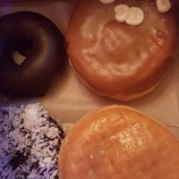All Vegan! 
The top right is the maple donut with maple "creme" filling, bottom right is filled with raspberry sauce. All were amazing. at Voodoo Doughnut Too in Portland