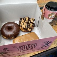 Vegan doughnuts and black coffee at Voodoo Doughnut Tres in Eugene