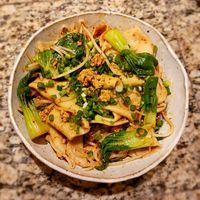 Chili oil Biang Biang with pieces of vital wheat gluten (seitan) at Stretched in Eugene