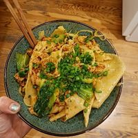 Chili oil Biang Biang with pieces of vital wheat gluten (seitan) at Stretched in Eugene