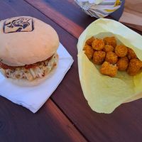 Vegan Chicken burger and tots at Chicken Crossing in Eugene