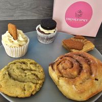 Full box of vegan goodies (biscoff blondie&cake, cinnamon roll,  oreo cake, vg white choc and pistachio cookie and I ate the slice of Victoria sponge! at Sugar & Spice by S in Coventry